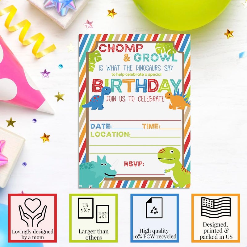 Amanda Creation Cute and Colorful Dinosaur Birthday Party Invitations for Boys, 20 5x7 Fill In Cards with Twenty White Envelopes by AmandaCreation - Image 3